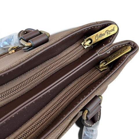Cotton Road Handbag: Coffee PU Leather with Top Stitch and Matching Wallet