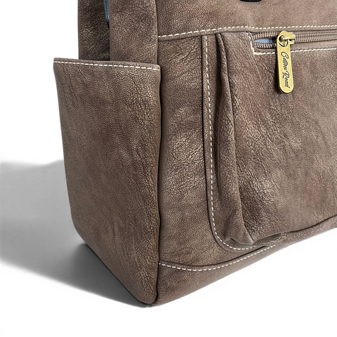 Cotton Road Handbag: Coffee PU Leather with Top Stitch and Matching Wallet