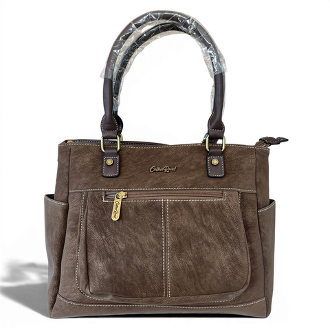 Cotton Road Handbag: Coffee PU Leather with Top Stitch and Matching Wallet