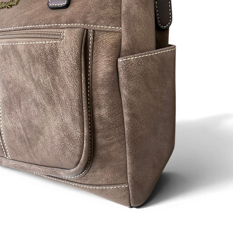 Cotton Road Handbag: Coffee PU Leather with Top Stitch and Matching Wallet