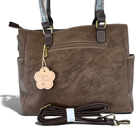 Cotton Road Handbag: Coffee PU Leather with Top Stitch and Matching Wallet