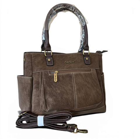 Cotton Road Handbag: Coffee PU Leather with Top Stitch and Matching Wallet