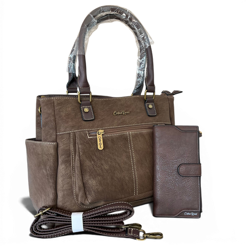 Cotton Road Handbag: Coffee PU Leather with Top Stitch and Matching Wallet