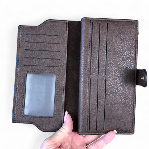 Cotton Road Handbag: Coffee PU Leather with Top Stitch and Matching Wallet