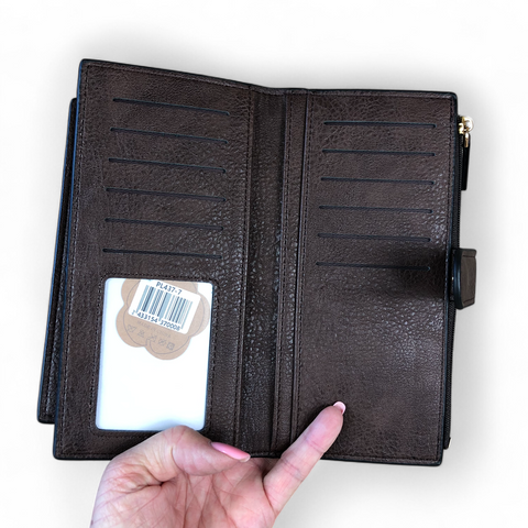 Cotton Road Handbag: Coffee PU Leather with Top Stitch and Matching Wallet