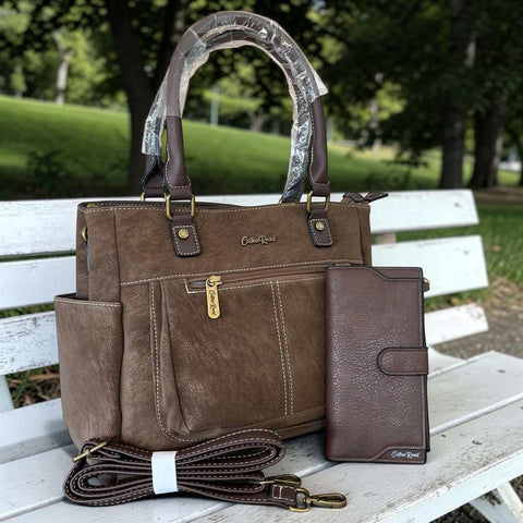 Cotton Road Handbag: Coffee PU Leather with Top Stitch and Matching Wallet
