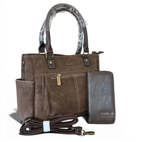 Cotton Road Handbag: Coffee PU Leather with Top Stitch with Matching Wallet