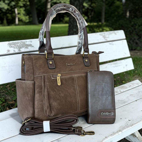 Cotton Road Handbag: Coffee PU Leather with Top Stitch with Matching Wallet