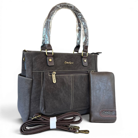 Cotton Road Handbag: Dark Coffee PU Leather with Matching Wallet