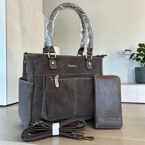 Cotton Road Handbag: Dark Coffee PU Leather with Matching Wallet