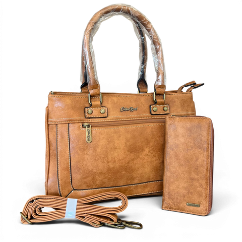 Cotton Road Handbag: Elegant Camel PU Leather, Structured & Practical with Matching Wallet