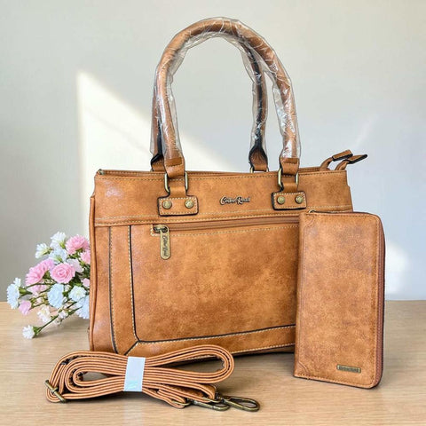 Cotton Road Handbag: Elegant Camel PU Leather, Structured & Practical with Matching Wallet
