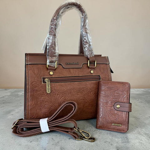 Cotton Road Handbag: Embossed BROWN PU Leather with Matching Wallet