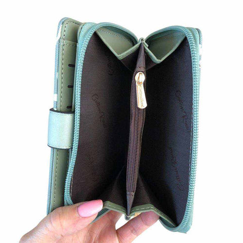 Cotton Road Handbag: GREEN PU LEATHER with FLORAL Panel and Matching Wallet