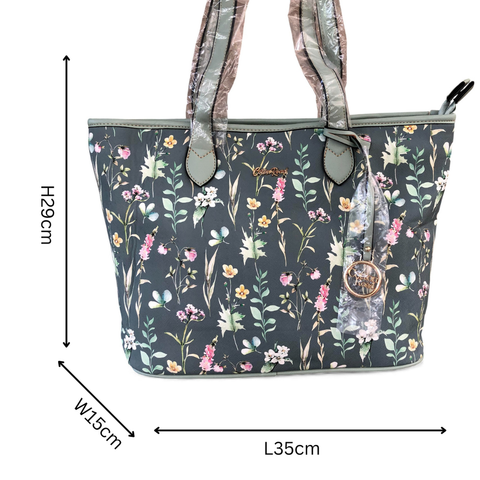Cotton Road Handbag: GREEN PU LEATHER with FLORAL Panel and Matching Wallet