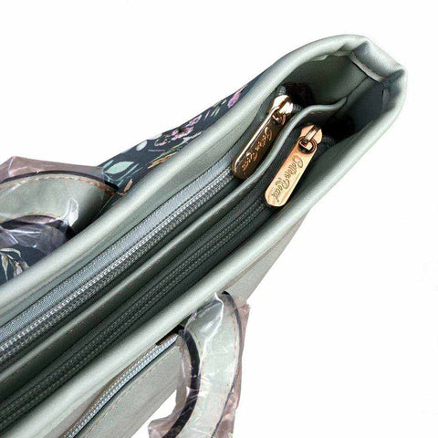 Cotton Road Handbag: GREEN PU LEATHER with FLORAL Panel and Matching Wallet