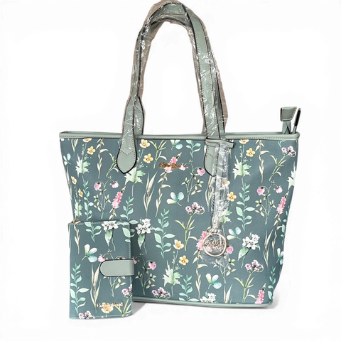 Cotton Road Handbag: GREEN PU LEATHER with FLORAL Panel and Matching Wallet
