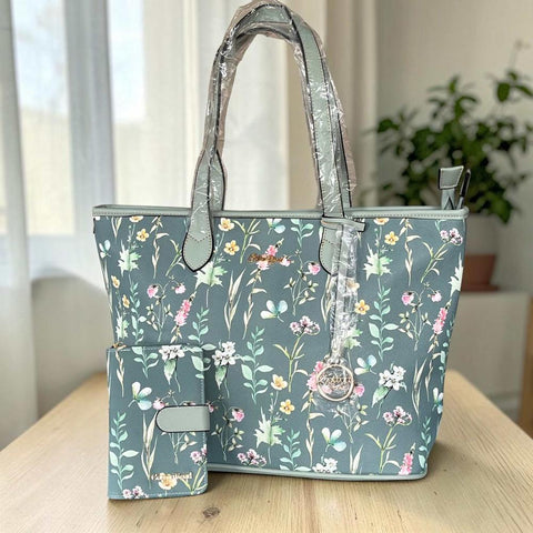 Cotton Road Handbag: GREEN PU LEATHER with FLORAL Panel and Matching Wallet