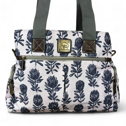 Cotton Road Handbag: GREY Canvas Handbag with PROTEA Print
