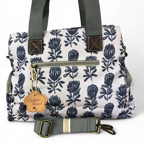 Cotton Road Handbag: GREY Canvas Handbag with PROTEA Print