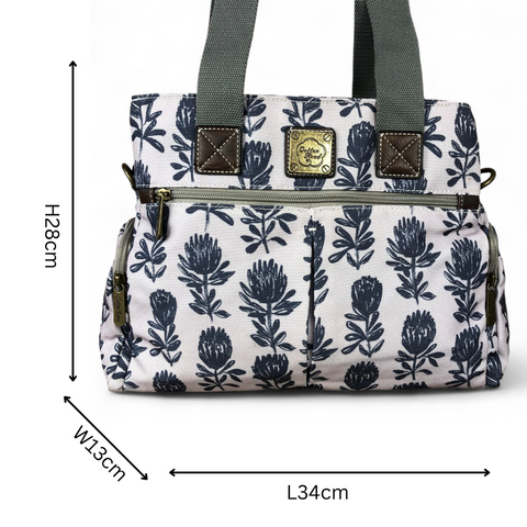 Cotton Road Handbag: GREY Canvas Handbag with PROTEA Print