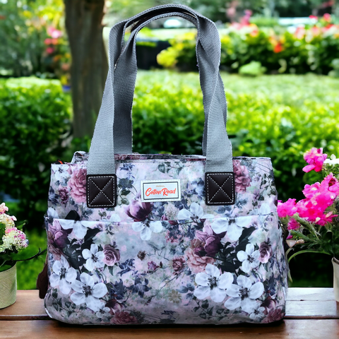 Cotton Road Handbag: GREY PVC with FLOWERS