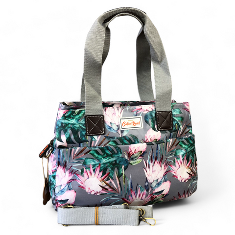 Cotton Road Handbag: GREY PVC with PROTEAS