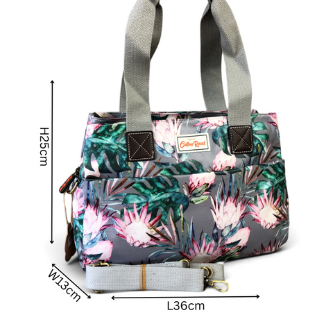Cotton Road Handbag: GREY PVC with PROTEAS