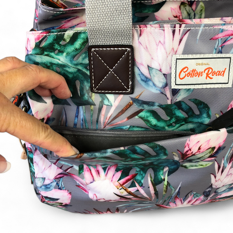 Cotton Road Handbag: GREY PVC with PROTEAS