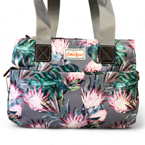 Cotton Road Handbag: GREY PVC with PROTEAS