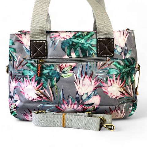 Cotton Road Handbag: GREY PVC with PROTEAS