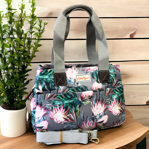Cotton Road Handbag: GREY PVC with PROTEAS