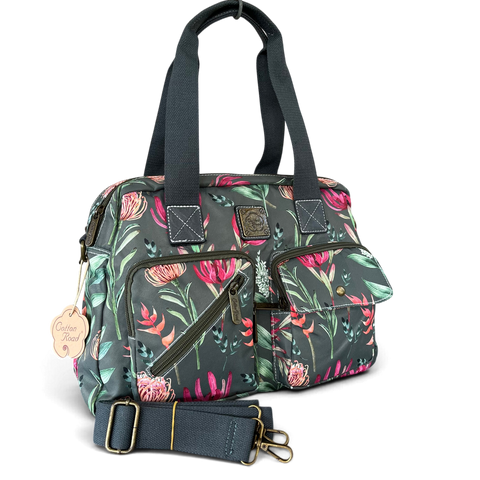 Cotton Road Handbag - Green Canvas with Protea Print | Stylish & Functional