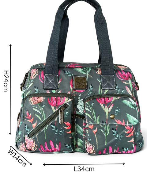 Cotton Road Handbag - Green Canvas with Protea Print | Stylish & Functional