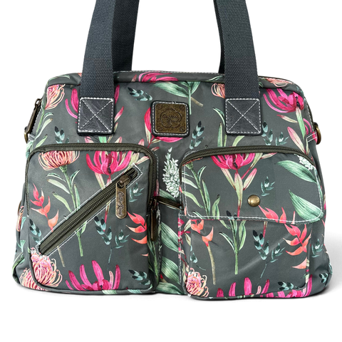 Cotton Road Handbag - Green Canvas with Protea Print | Stylish & Functional
