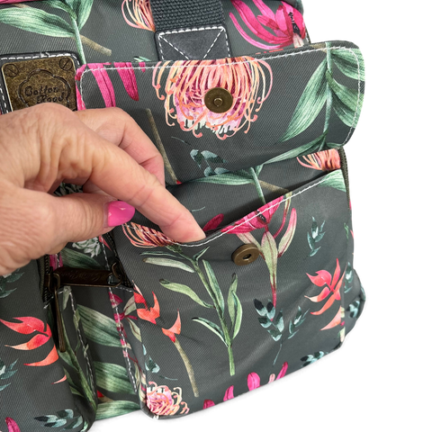 Cotton Road Handbag - Green Canvas with Protea Print | Stylish & Functional
