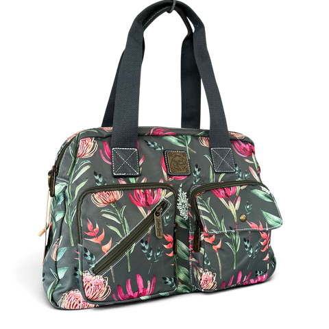 Cotton Road Handbag - Green Canvas with Protea Print | Stylish & Functional