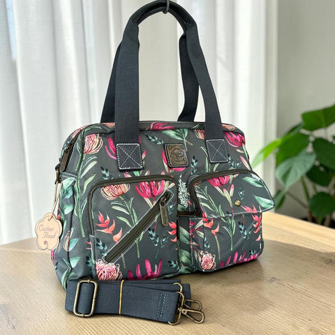 Cotton Road Handbag - Green Canvas with Protea Print | Stylish & Functional