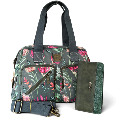 Cotton Road Handbag - Green Canvas with Protea Print and Matching Wallet