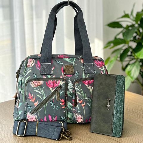 Cotton Road Handbag - Green Canvas with Protea Print and Matching Wallet