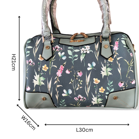 Cotton Road Handbag: Green PU Leather Barrel Bag with FLORAL Panel