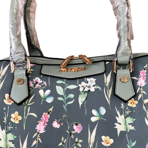 Cotton Road Handbag: Green PU Leather Barrel Bag with FLORAL Panel