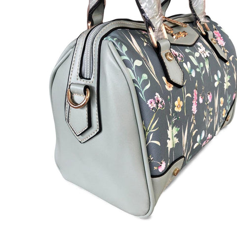 Cotton Road Handbag: Green PU Leather Barrel Bag with FLORAL Panel
