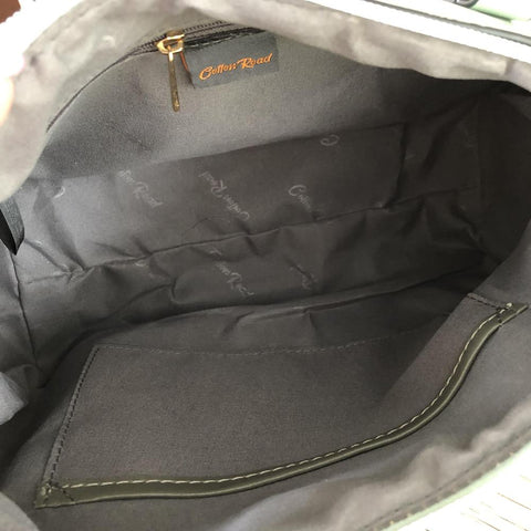 Cotton Road Handbag: Green PU Leather Barrel Bag with FLORAL Panel