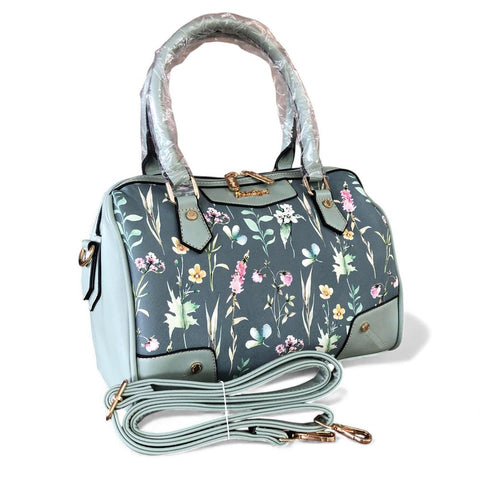 Cotton Road Handbag: Green PU Leather Barrel Bag with FLORAL Panel