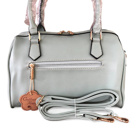 Cotton Road Handbag: Green PU Leather Barrel Bag with FLORAL Panel