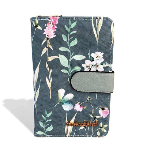 Cotton Road Handbag: Green PU Leather Barrel Bag with FLORAL Panel with Matching Wallet