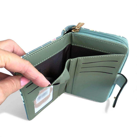 Cotton Road Handbag: Green PU Leather Barrel Bag with FLORAL Panel with Matching Wallet