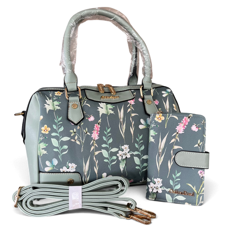 Cotton Road Handbag: Green PU Leather Barrel Bag with FLORAL Panel with Matching Wallet