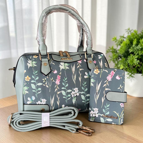 Cotton Road Handbag: Green PU Leather Barrel Bag with FLORAL Panel with Matching Wallet